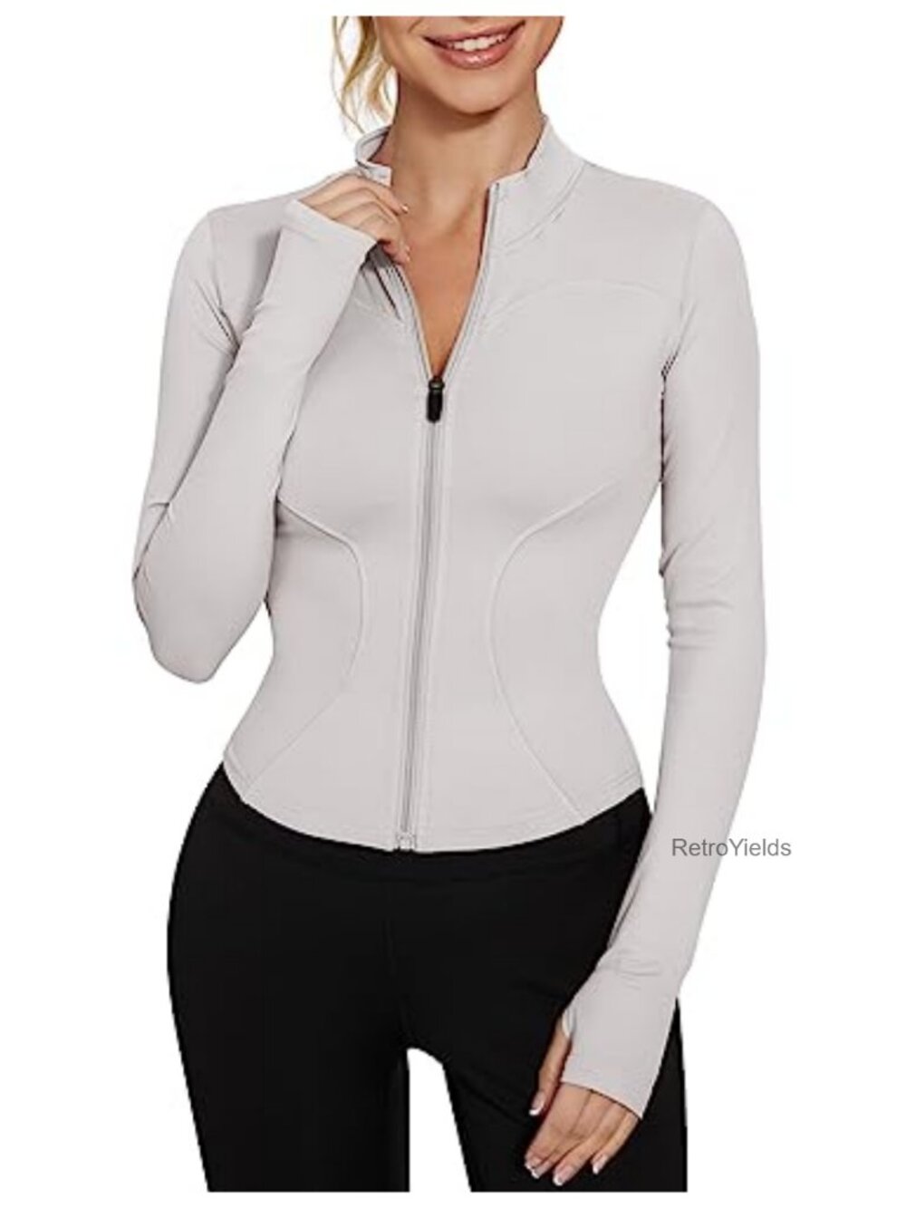 Cropped Zip Up Athletic Jacket Long Sleeve with Thumb Holes, Lightweight Slim